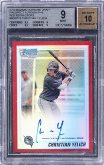 2010 Bowman Chrome Draft Prospect Autographs Red Refractor #BDPP78 Christian Yelich Signed 1st Bowman Card (#5/5) - BGS MINT 9/BGS 10